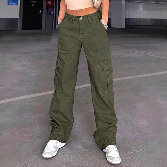 Damen weite Cargo-Hose mit hoher Taille, aufgesetzten Klappentaschen und legerer Baggy-Passform Nord Taschen