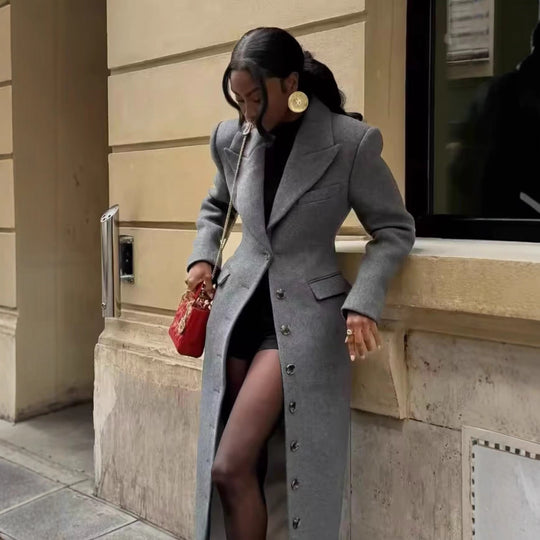 Damen Longline-Wollmixmantel mit Schalkragen und Pattentaschen Nord Taschen