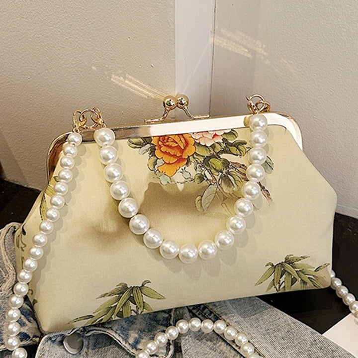 Damen elegante Handtasche mit zartem Blumendruck und Perlenkette Nord Taschen