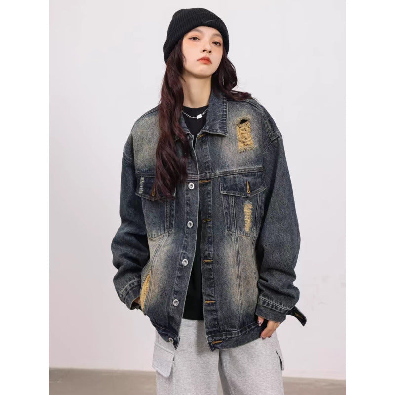 Unisex Vintage-Style Denim-Worker-Jacke mit Repair-Details und geradem Schnitt Nord Taschen