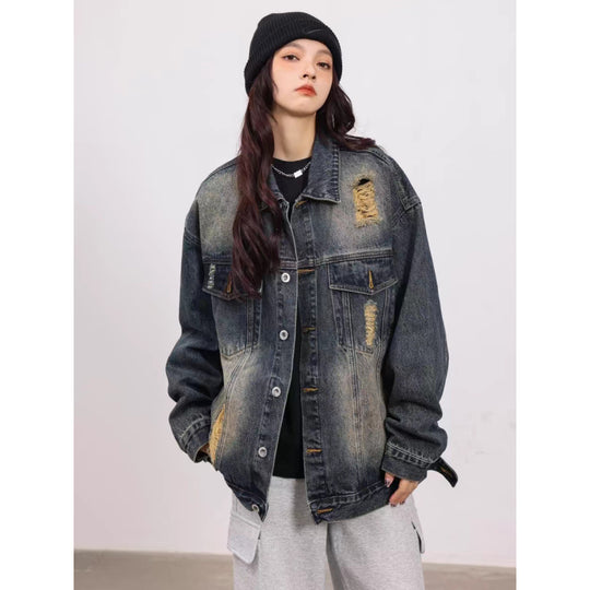Unisex Vintage-Style Denim-Worker-Jacke mit Repair-Details und geradem Schnitt Nord Taschen