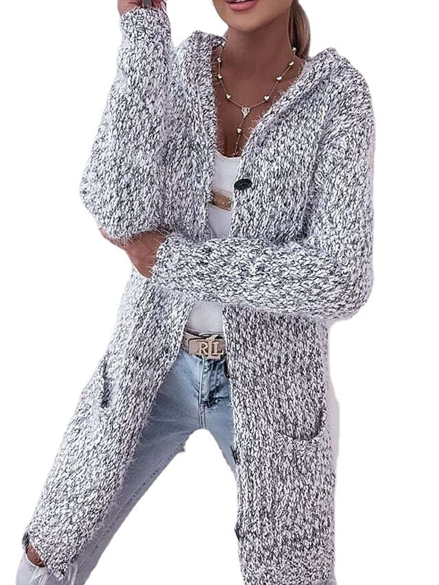 Damen Langer Mélange-Kuschelcardigan mit Kapuze, Hornknopf und Eingrifftaschen Nord Taschen