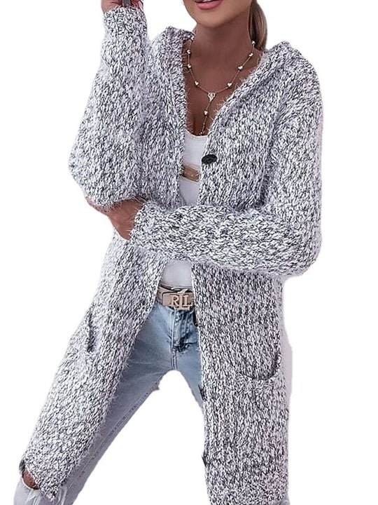 Damen Langer Mélange-Kuschelcardigan mit Kapuze, Hornknopf und Eingrifftaschen Nord Taschen