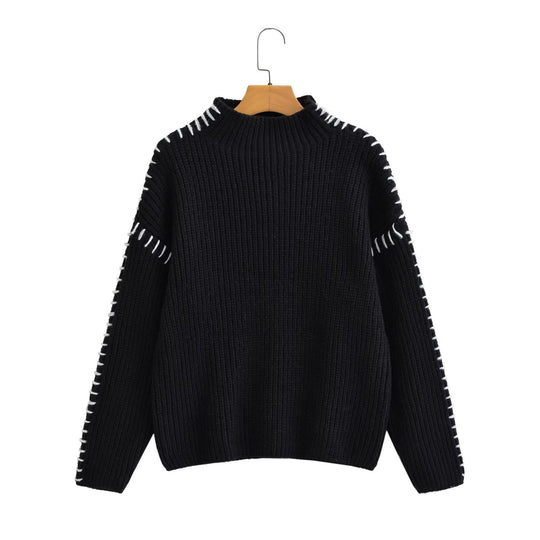 Damen Oversize-Strickpullover mit Stehkragen, Ballonärmeln und Ziernaht Nord Taschen