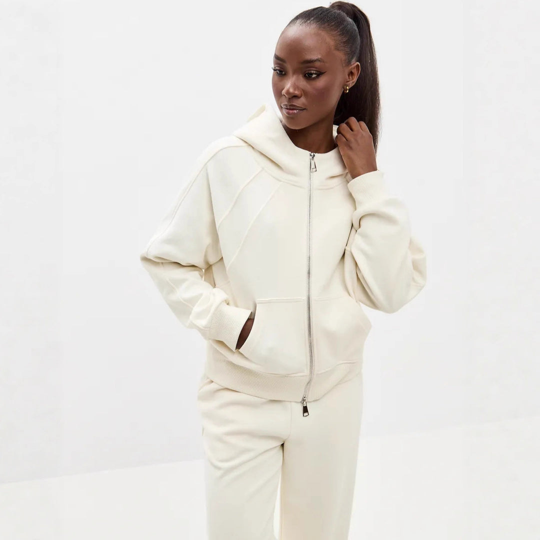 Damen entspanntes Fleece-Zweiteiler Set mit Raglan-Kapuzenjacke, durchgehendem Reißverschluss und gerader Relax-Jogginghose Nord Taschen