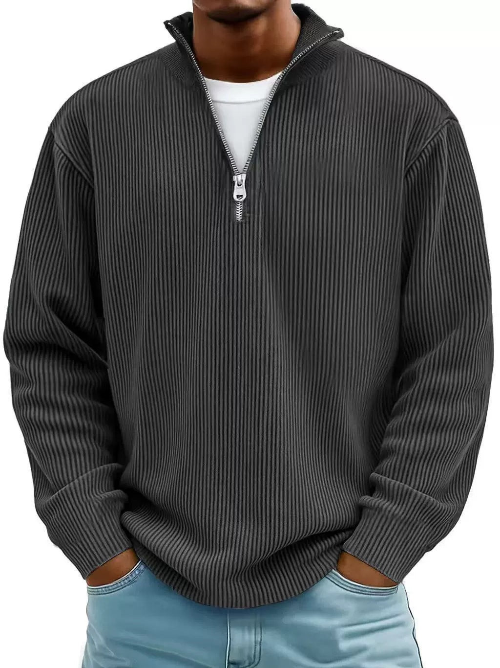 Herren Gerippter Halbzip-Strickpullover mit Stehkragen und lockerer Passform Nord Taschen