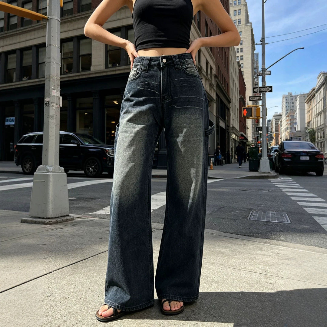 Damen weite High‑Waist Carpenter-Denimhose mit Utility-Seitentasche und ausgestelltem Bein Nord Taschen