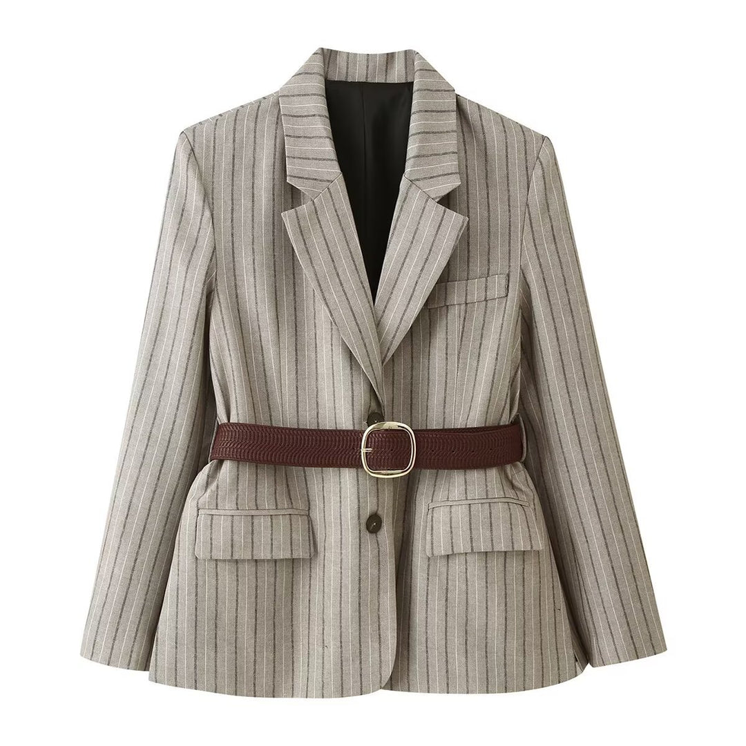 Damen Taillierter Nadelstreifen-Blazer mit Pattentaschen und Taillengürtel Nord Taschen