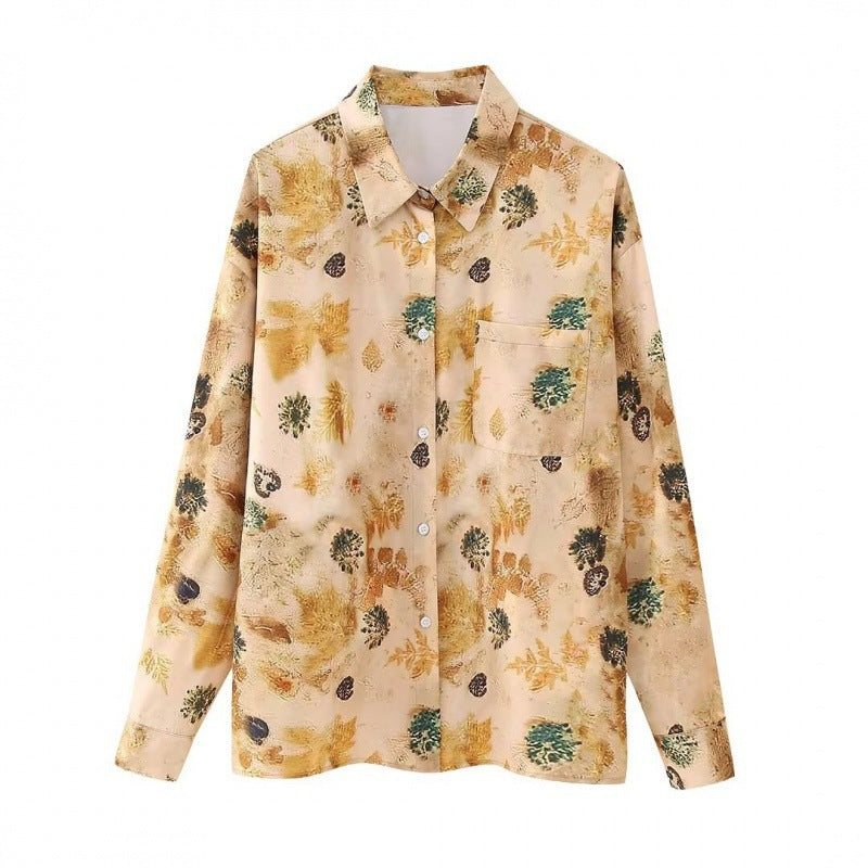 Damen Seidenähnliche Bluse mit floralem Aquarellprint, Hemdkragen und aufgesetzter Brusttasche Nord Taschen