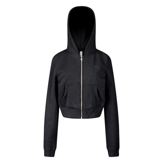 Damen Kurz geschnittene Kapuzen-Sweatjacke mit durchgehendem Reißverschluss im Boxy-Schnitt und Brusttasche Nord Taschen