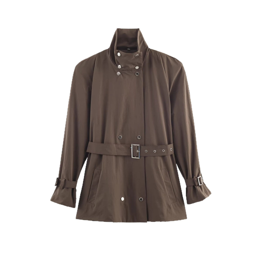 Damen Kurz geschnittener taillierter Trenchcoat mit Stehkragen und Bindegürtel Nord Taschen