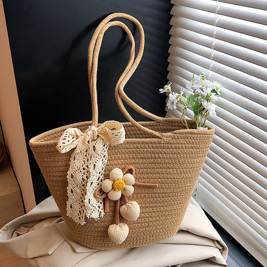 Damen Jute-Strandtasche mit dekorativen Blumen-Detail Nord Taschen