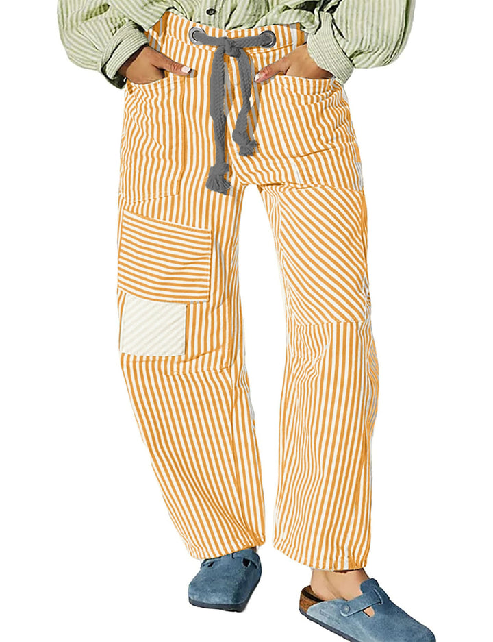 Damen lässige gestreifte Leinenhose mit Kordelzug und aufgesetzten Taschen Nord Taschen