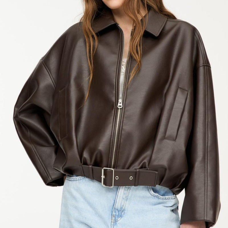 Damen Oversized Lederimitat-Blouson mit Taillengürtel Nord Taschen
