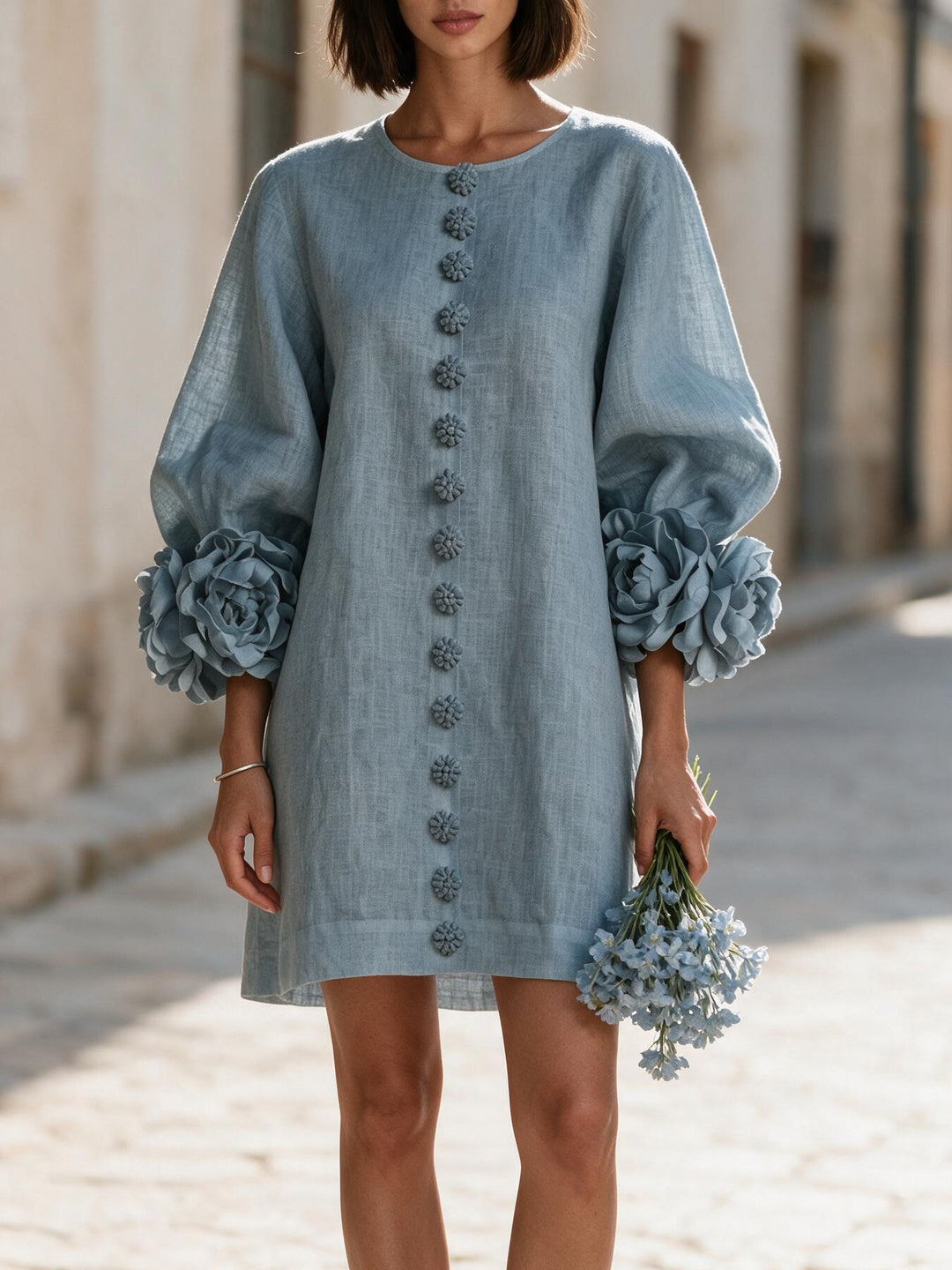 Damen Kurzkleid aus Leinen mit voluminösen Ballonärmeln und 3D-Blumenmanschetten Nord Taschen