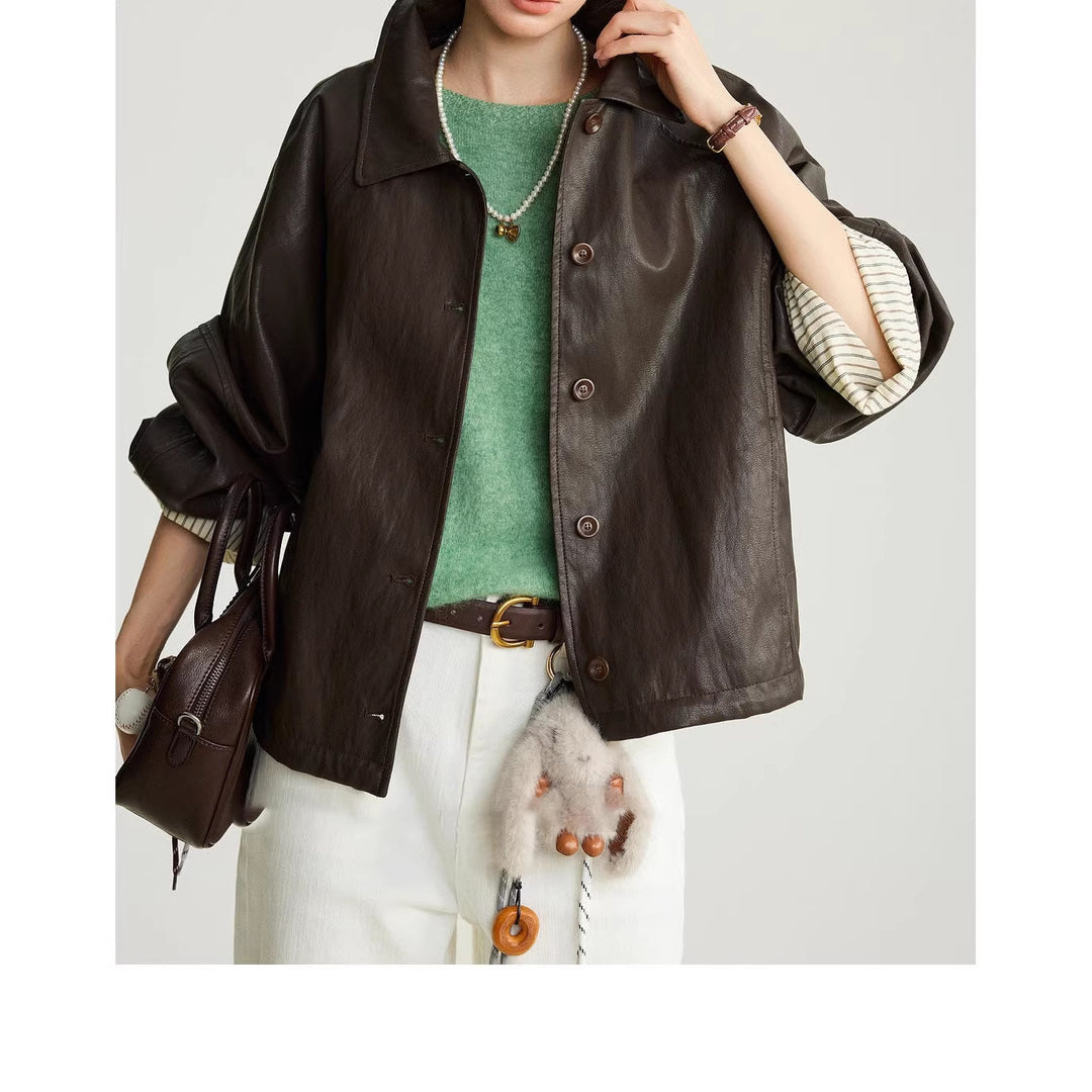 Damen Moderne Lederjacke mit gestreiften Manschetten Nord Taschen