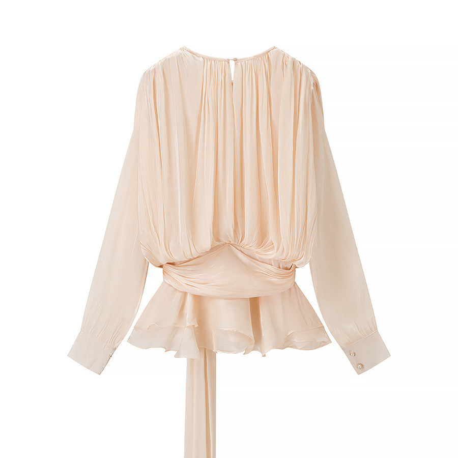 Damen Chiffon-Bluse mit geraffter Taille, Wickelband und Volant-Saum Nord Taschen