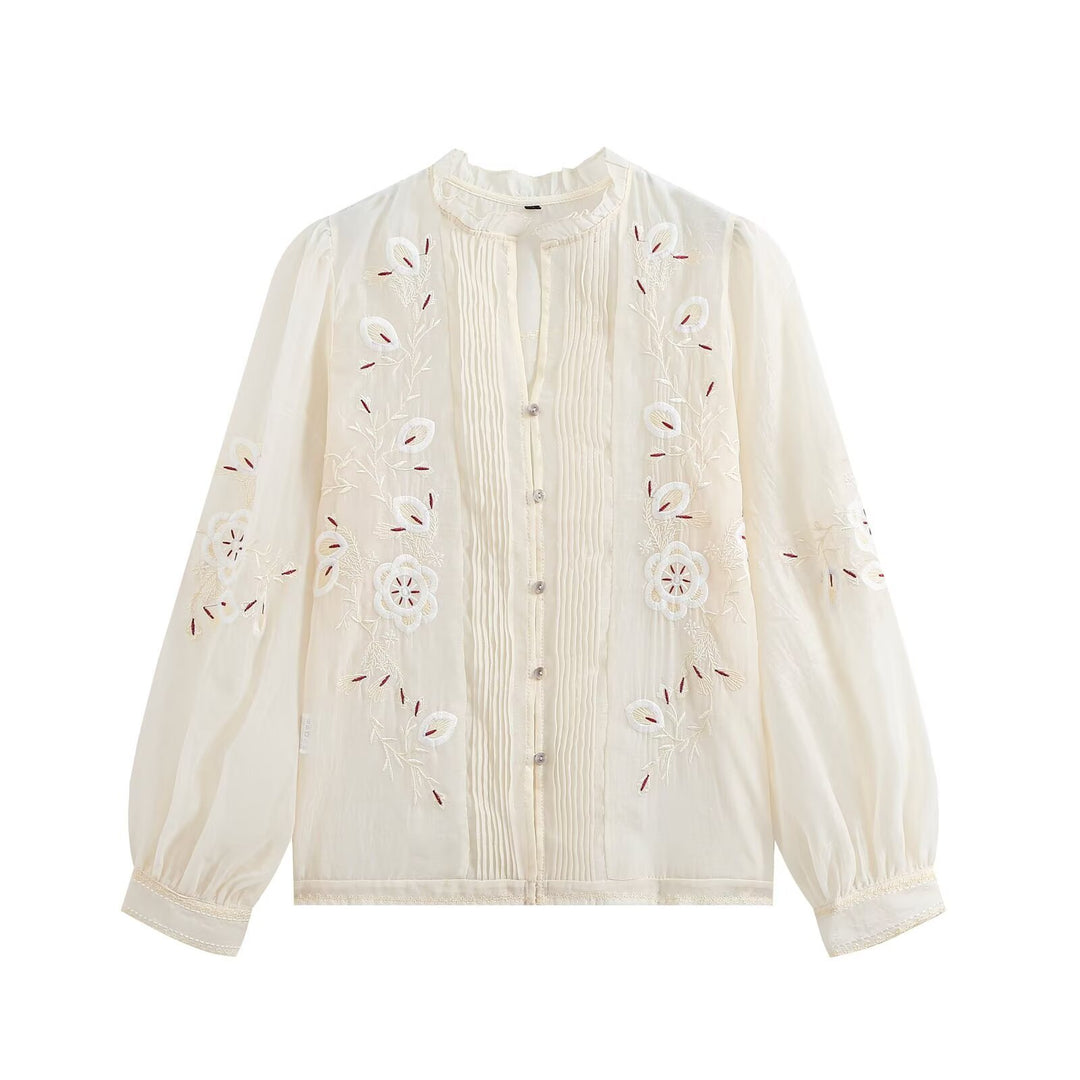 Damen Bestickte Chiffon-Bluse mit Plisseefront und Ballonärmeln Nord Taschen