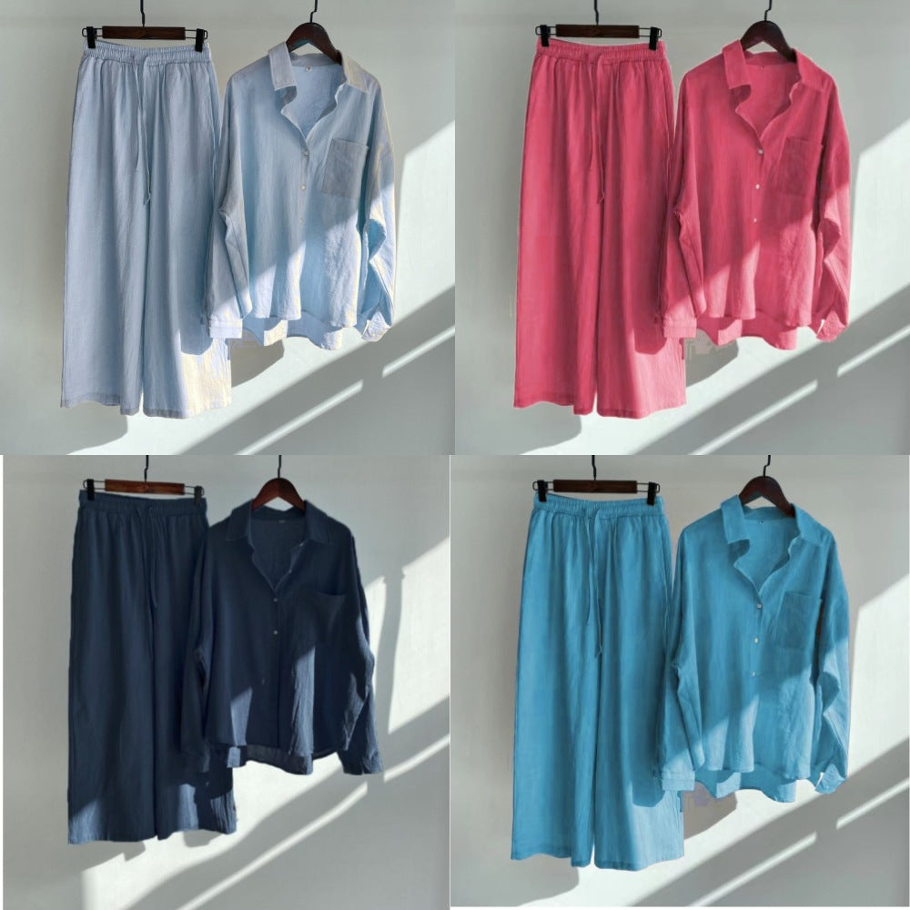 Damen Lockeres Zweiteiliges Viskose-Loungewear-Set mit Hemdbluse und weiter Palazzohose Nord Taschen