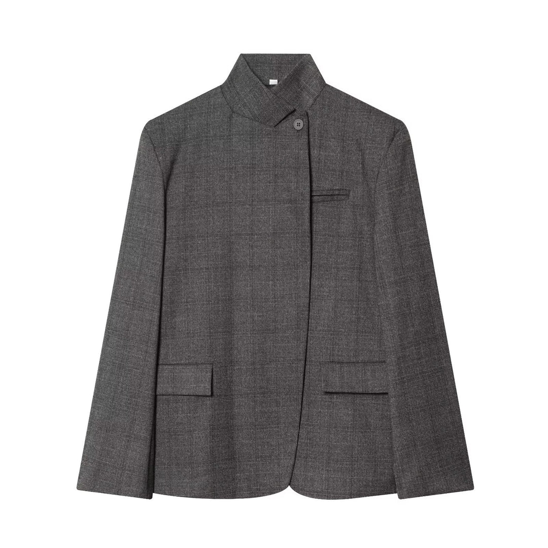 Damen Taillierter karierter Blazer mit Stehkragen und verdeckter Knopfleiste Nord Taschen