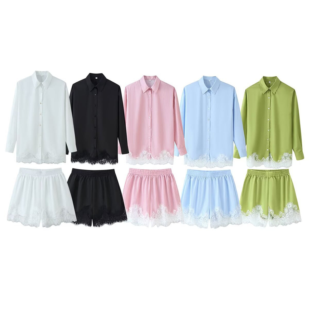 Damen Zweiteiliges Satin-Schlafanzug-Set mit Spitzenbesatz und Hemdjacke Nord Taschen