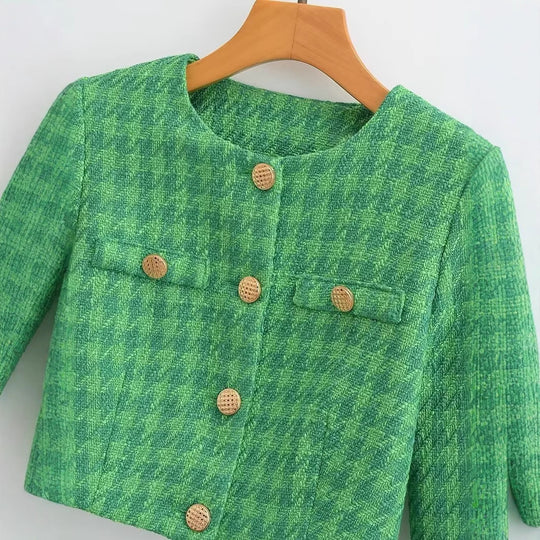 Damen Kurzblazer aus Bouclé-Tweed mit kastiger Cropped‑Silhouette und kragenlosem Design Nord Taschen
