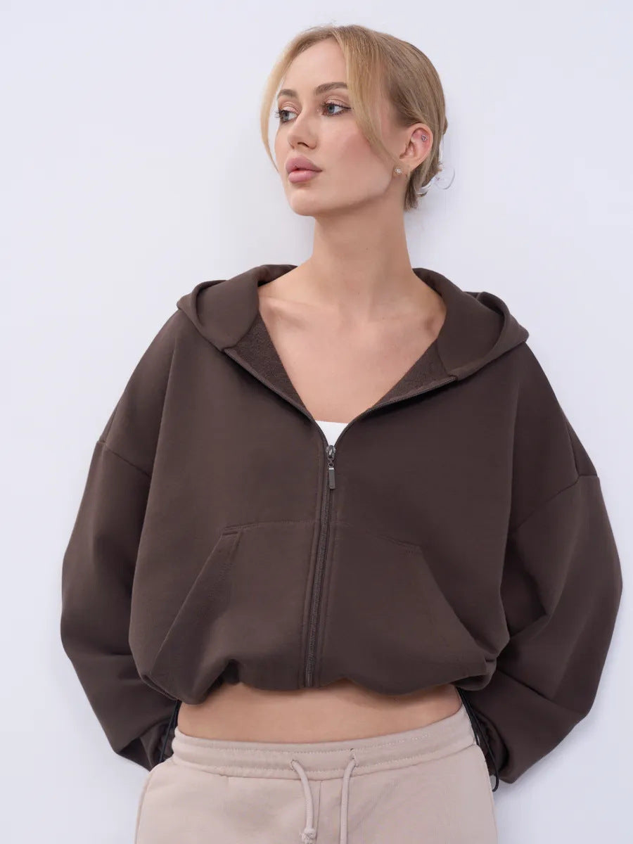 Damen legeres Cropped-Fleece-Hoodie mit Tunnelzugbund, Raglanärmeln und Reißverschluss Nord Taschen