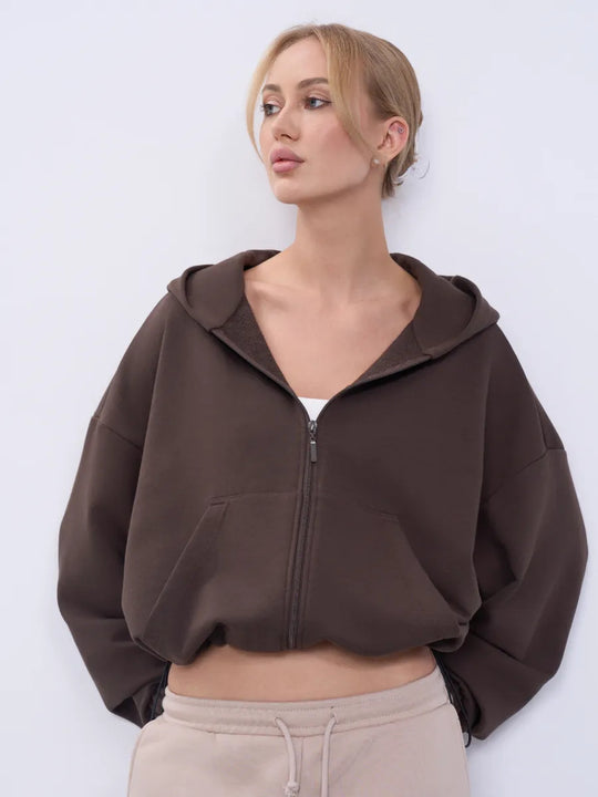Damen legeres Cropped-Fleece-Hoodie mit Tunnelzugbund, Raglanärmeln und Reißverschluss Nord Taschen