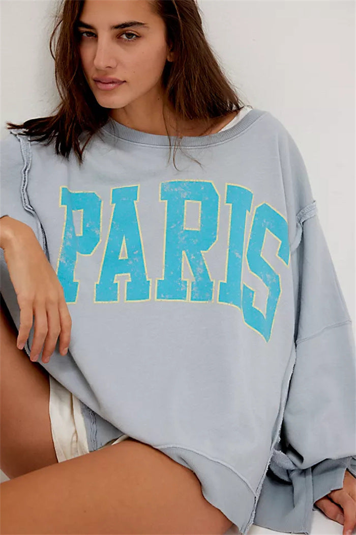 Damen oversized Sweatshirt mit Rüben-Print, ausgefransten Nahtakzenten und Daumenlochärmeln Nord Taschen