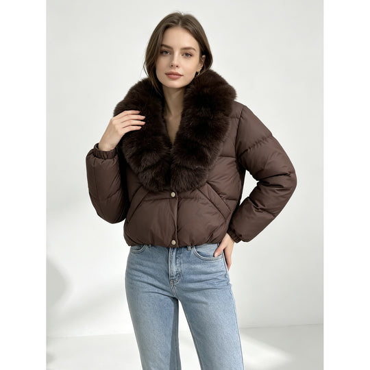 Damen nan kurze wattierte Cropped-Jacke mit extra voluminösem Kunstpelz-Schalkragen und elastischen Bündchen Nord Taschen