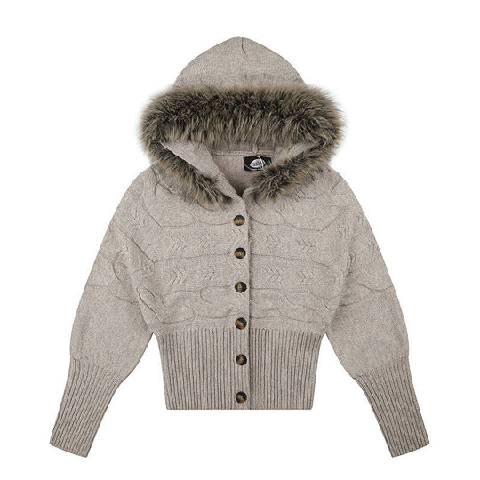 Damen Kapuzen‑Strickjacke mit Zopfmuster, Kunstfellbesatz und tailliertem Rippenbund Nord Taschen