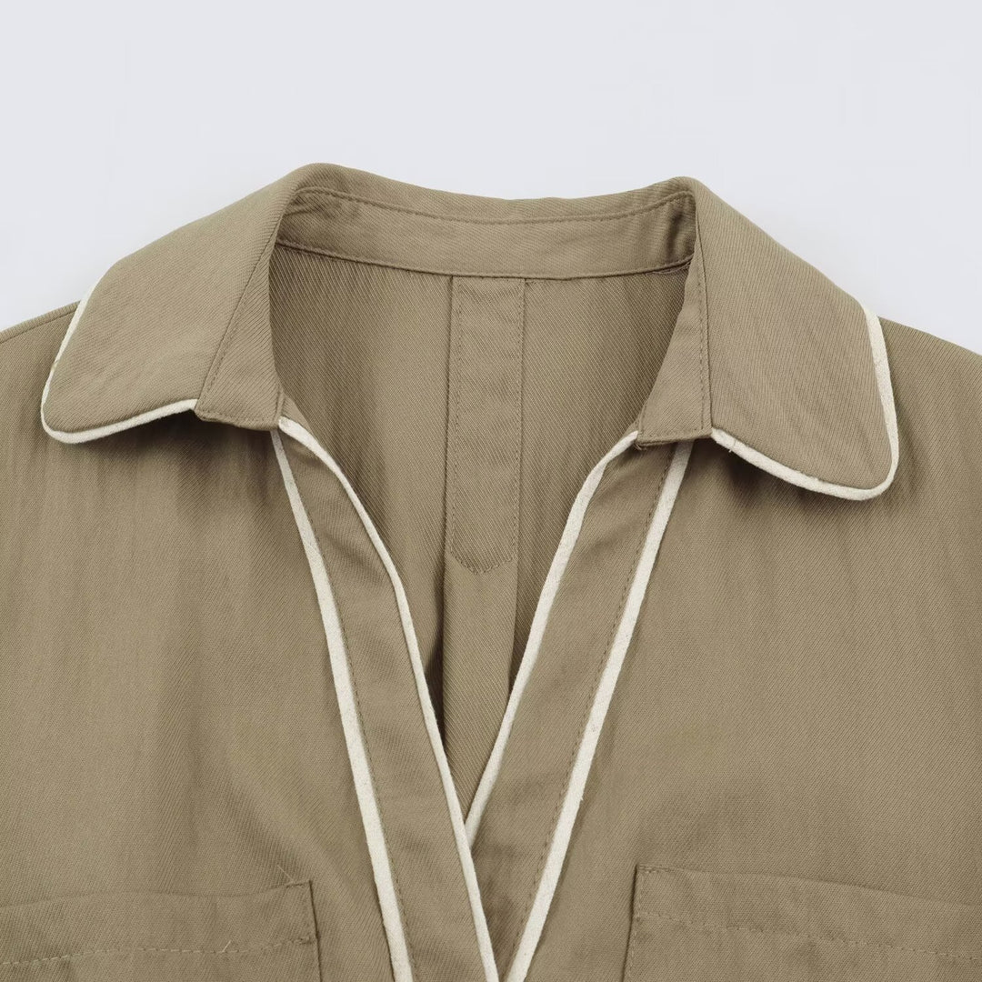 Damen Hemdblusenkleid mit Kontrastpaspel und Taillengürtel Nord Taschen