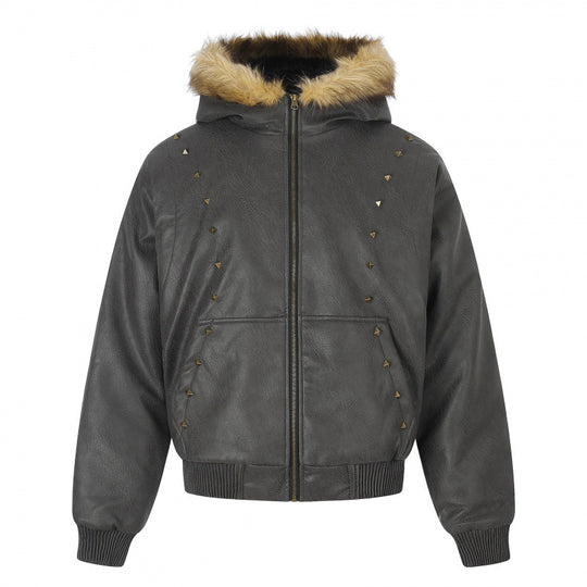Damen Kapuzenjacke im Lederoptik mit Nietenbesatz, Kunstfellkragen und geripptem Saum Nord Taschen
