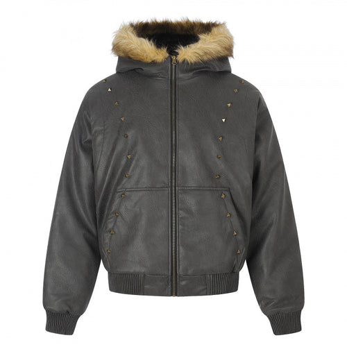 Damen Kapuzenjacke im Lederoptik mit Nietenbesatz, Kunstfellkragen und geripptem Saum Nord Taschen