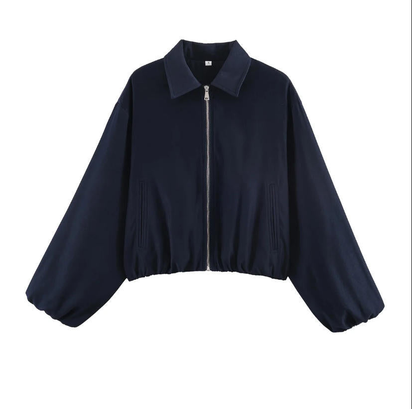 Damen Gekürzte Bomberjacke im Harrington‑Stil mit Ballonärmeln und elastischem Saum Nord Taschen