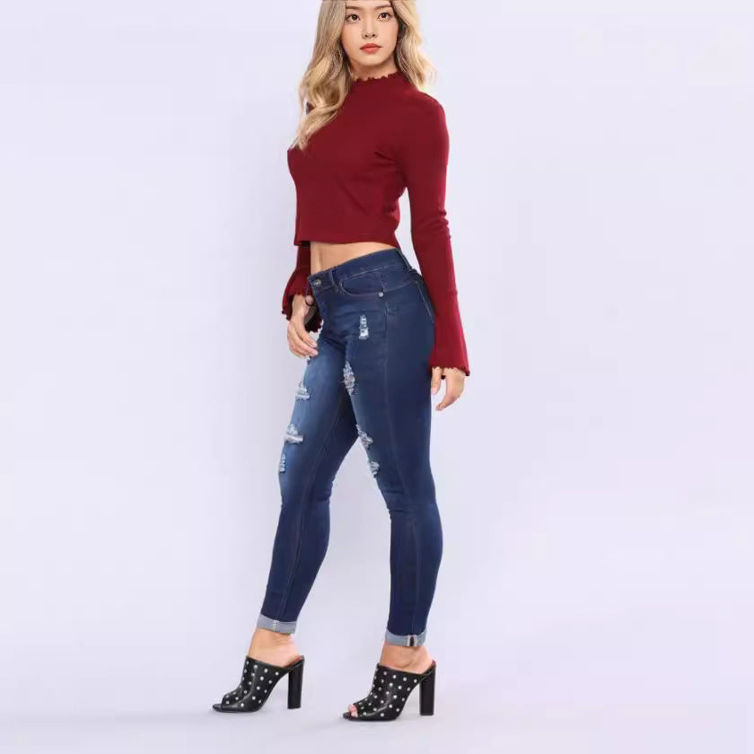 Damen hochgeschnittene Skinny-Jeans mit Destroyed-Details und umgeschlagenem Knöchelabschluss Nord Taschen