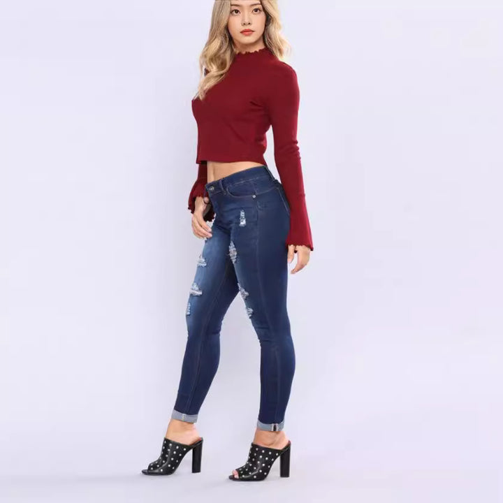 Damen hochgeschnittene Skinny-Jeans mit Destroyed-Details und umgeschlagenem Knöchelabschluss Nord Taschen