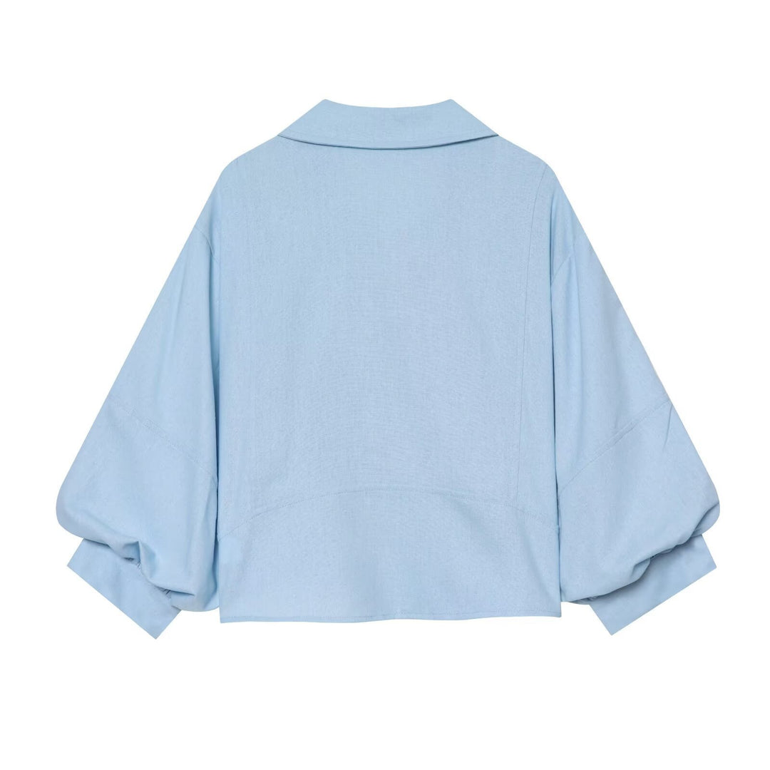 Damen Gekürzte Boxy-Bluse mit weiten Ballonärmeln und Hemdkragen Nord Taschen