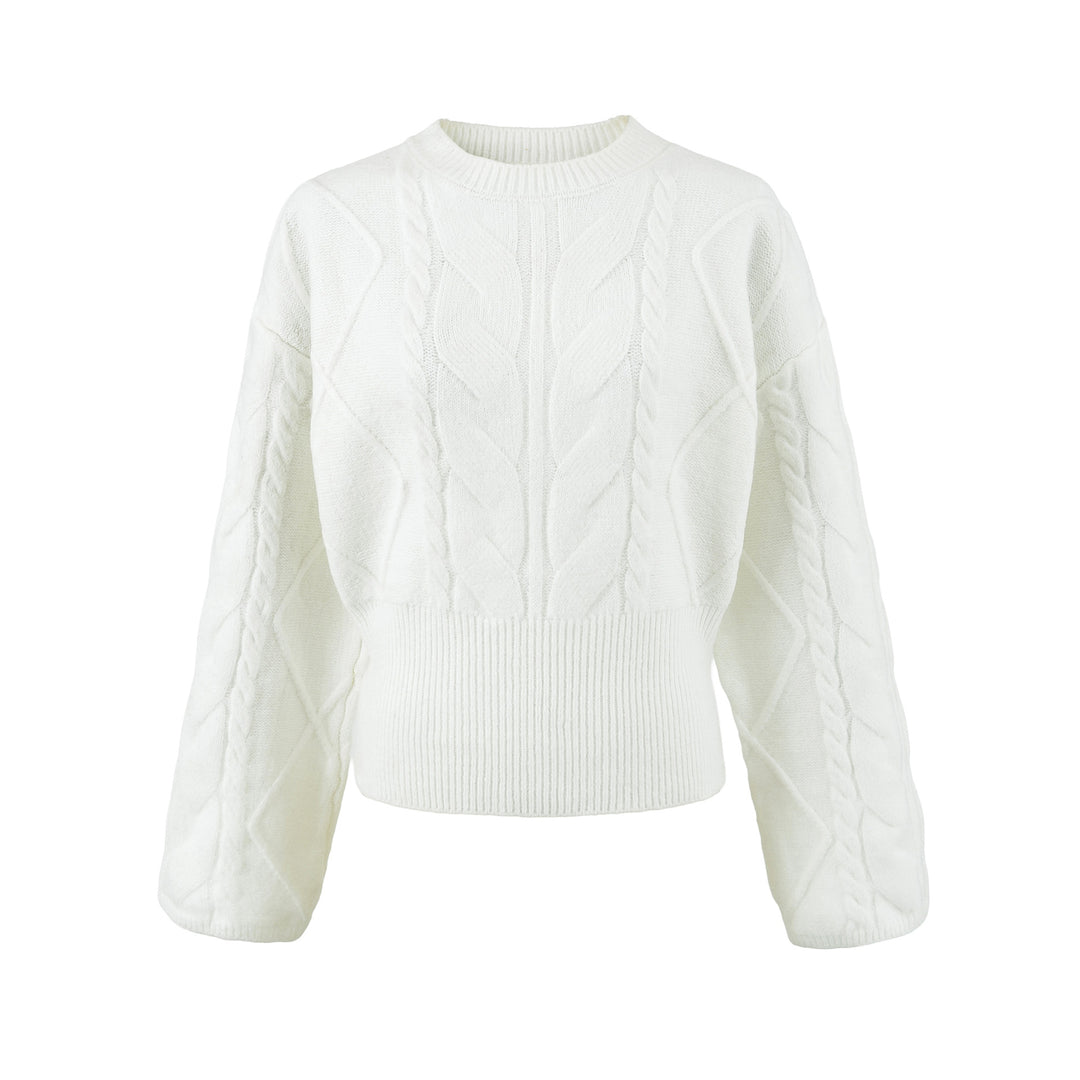 Damen Kurzer Zopfmuster-Strickpullover mit tailliertem Rippbündchen Nord Taschen