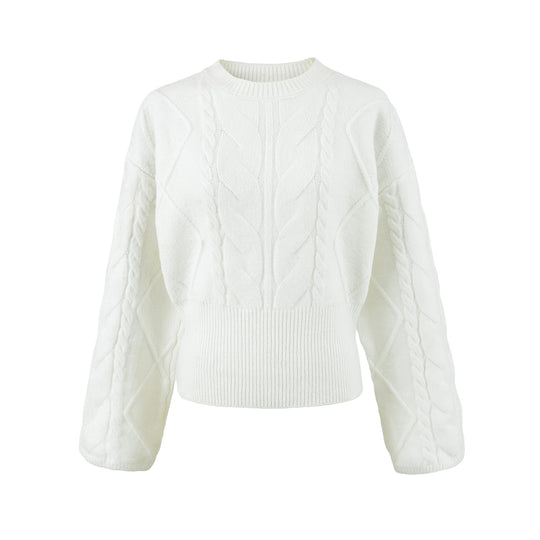Damen Kurzer Zopfmuster-Strickpullover mit tailliertem Rippbündchen Nord Taschen