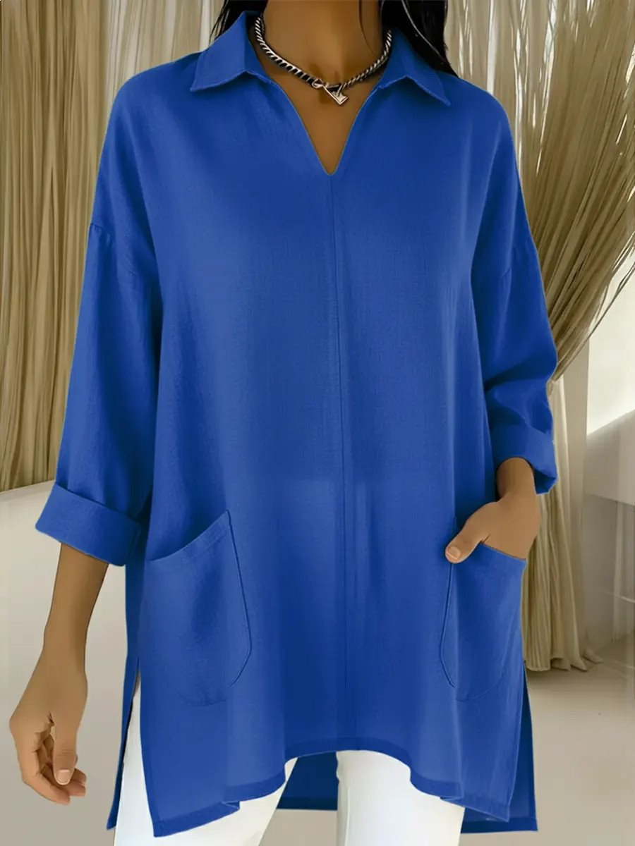Damen Oversize-Tunika mit Hemdkragen, V-Ausschnitt und aufgesetzten Taschen Nord Taschen