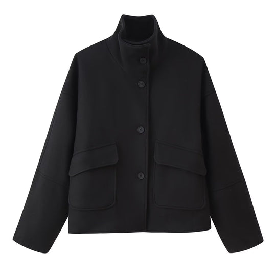Damen Kastige Kurzjacke aus Wollmix mit Stehkragen und aufgesetzten Pattentaschen Nord Taschen