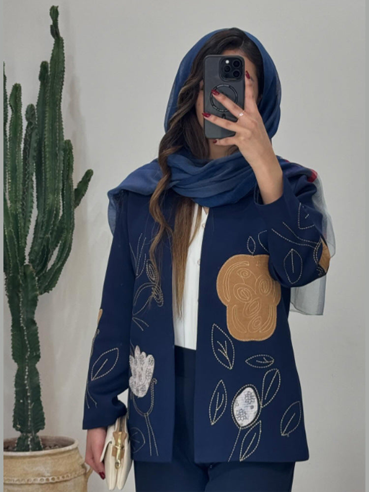 Damen offener Strickblazer mit floraler Stickerei & Applikationen Nord Taschen
