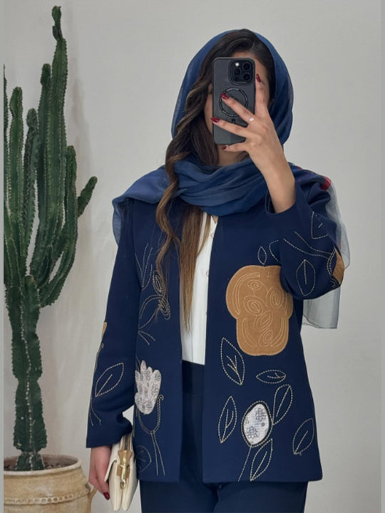 Damen offener Strickblazer mit floraler Stickerei & Applikationen Nord Taschen