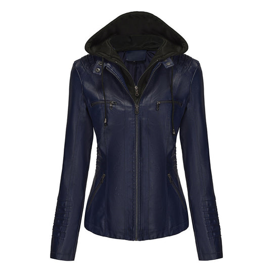 Damen Taillierte Kunstlederjacke mit abnehmbarer Kapuze und Reißverschluss Nord Taschen