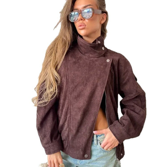 Damen Oversize Wildleder‑Optik Bikerjacke mit hohem Stehkragen Nord Taschen