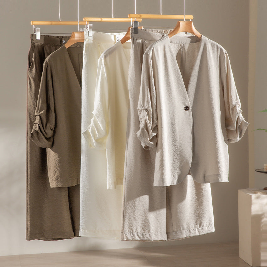 Damen Leichter Oversize-Blazer mit V-Ausschnitt, Ein-Knopf-Verschluss und gerafften Dreiviertelärmeln Nord Taschen