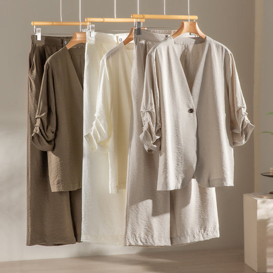 Damen Leichter Oversize-Blazer mit V-Ausschnitt, Ein-Knopf-Verschluss und gerafften Dreiviertelärmeln Nord Taschen