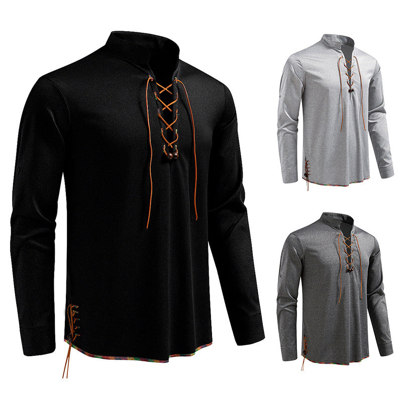 Herren Lässiges Baumwoll-Langarmshirt mit Schnürung, Stehkragen und aufkrempelbaren Ärmeln Nord Taschen