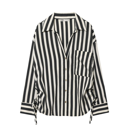 Damen Oversized Hemdbluse mit vertikalem Streifenmuster und Seitenschnürung Nord Taschen